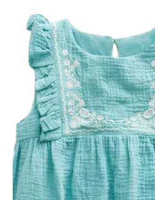 Mini Boden Girls' Embroidered Double Cloth Ruffle Top in Aqua Sea Blue/Mustard Yellow