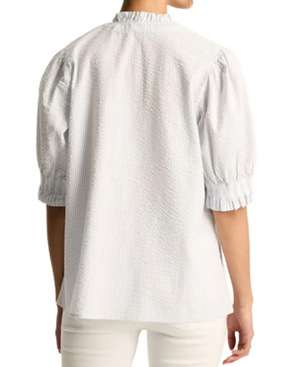 Women's Elle Blue & White Striped Frill Button-Up Blouse