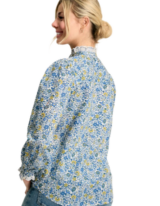 Womens' Floral Print Valentina Broderie Trim Blouse in Blue/White (Imperfect)