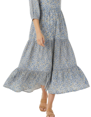 Women's Cotton Tiered Floral Midi Dress in Ditsy Blue