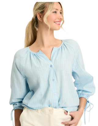 Women's 3/4 Sleeve Sylvie Tie Cuff Blouse in Blue/White