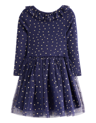 Mini Boden Girls' Rose Twirly Tulle Dress in College Navy Gold Stars