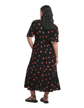 Womens Short Sleeve Fruit Print Crinkle Wrap Midi Dress in Black