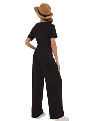 Women's Short Sleeve Jersey Wide Leg Jumpsuit in Black
