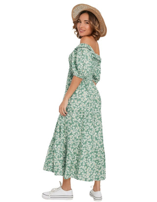 Women's Petite Size Short Puff Sleeve Bardot Dress in Green Floral
