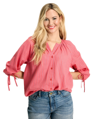 Women's 3/4 Sleeve Sylvie Tie Cuff Blouse in Blue/White