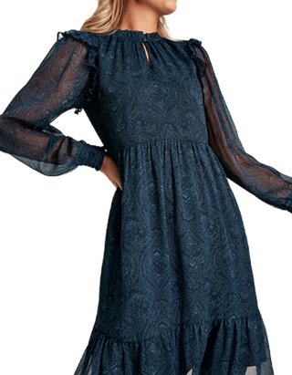 Women's Long Sleeve  Lumi Paisley Print Crinkle Dress in Navy