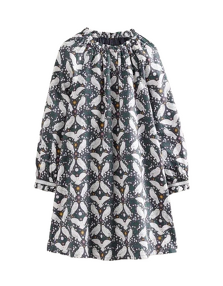 Mini Boden Girls' Gathered Neck Printed Woven Dress- Black Owl
