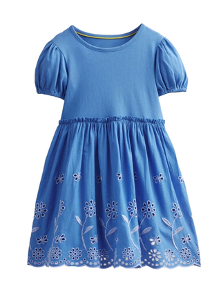 Mini Boden Girls' Broderie Twirly Dress in Penzance Blue