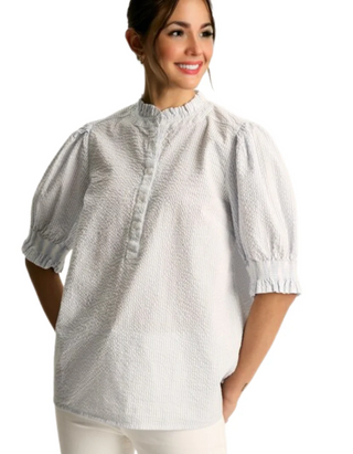 Women's Elle Blue & White Striped Frill Button-Up Blouse