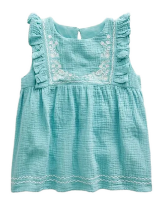 Mini Boden Girls' Embroidered Double Cloth Ruffle Top in Aqua Sea Blue/Mustard Yellow