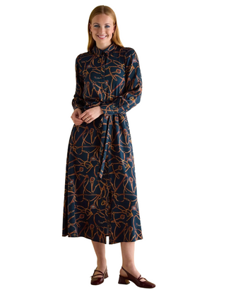 Womens' Printed Penelope Satin Midi Shirt Dress in Navy Bridle (Imperfect)
