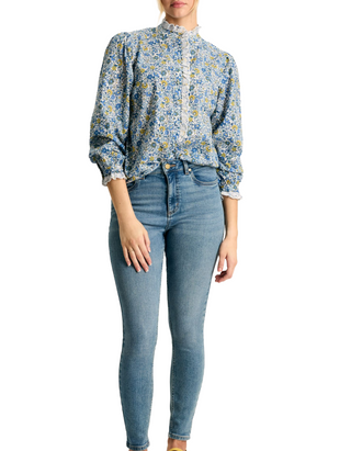 Womens' Floral Print Valentina Broderie Trim Blouse in Blue/White (Imperfect)