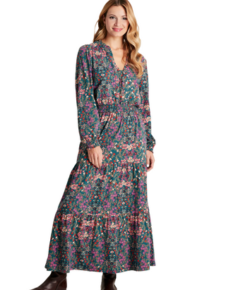 Women's Long Sleeve Floral Elsa Blue Frill Neck Dress in Green/Mlt