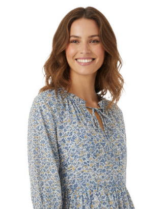 Women's Cotton Tiered Floral Midi Dress in Ditsy Blue