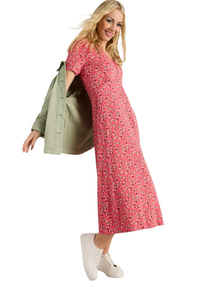 Women's Megan Abstract Printed Jersey Midi Dress in Coral Pink