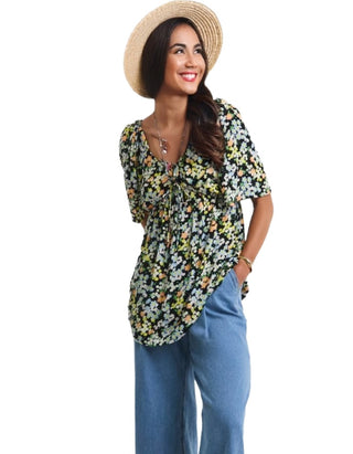Women's Short Sleeve Floral Print Crinkle Blouse in Multicolour