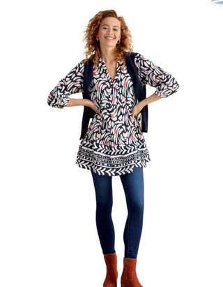 Women's Long Sleeve Marta V-Neck Jersey Tunic in Black Print