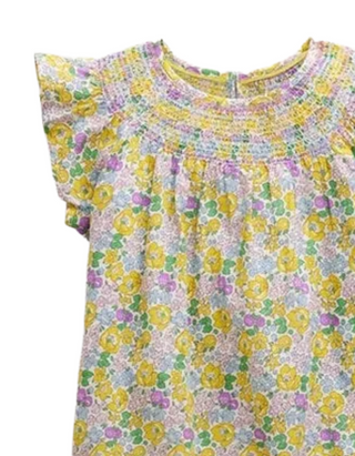 Mini Boden Girls Frilly Woven Smocked Top in Yellow Spring Fields