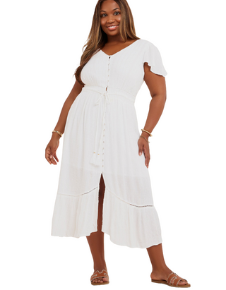 Women's Plus Size Dobby Tie Front Maxi Dress in White