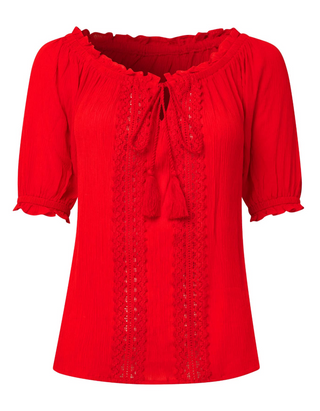 Women's Short Sleeve Tie Neckline Boho Top in Red