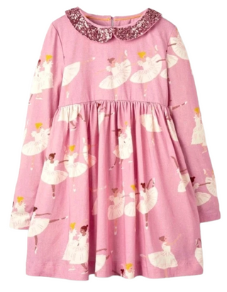 Mini Boden Sequin Collared Ballerina Printed Party Dress in Pink