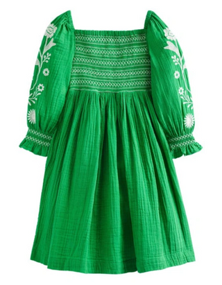 Mini Boden Girls' Smocked Bodice Woven Dress in Green Daisies