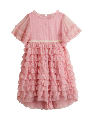 Mini Boden Girls' Gold Star Print Ruffle Tulle Party Dress in Pink