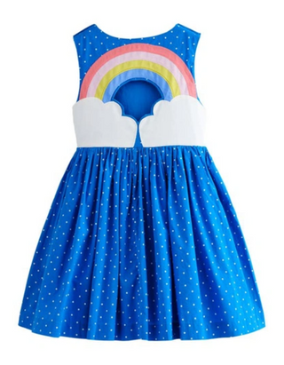 Mini Boden Girl's Zadie Applique Back Dress in Blue Spot Rainbow