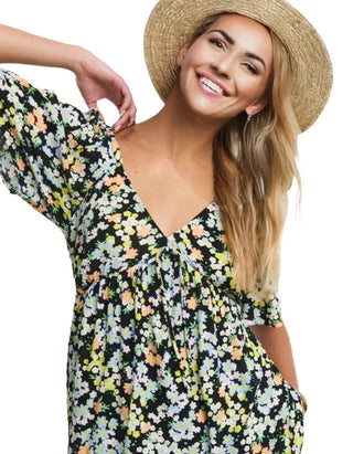 Women's Short Sleeve Floral Print Crinkle Blouse in Multicolour