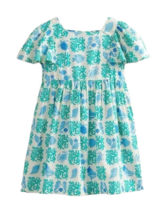 Mini Boden Girls' Printed Aqua Lagoon Flutter Dress in White Corals