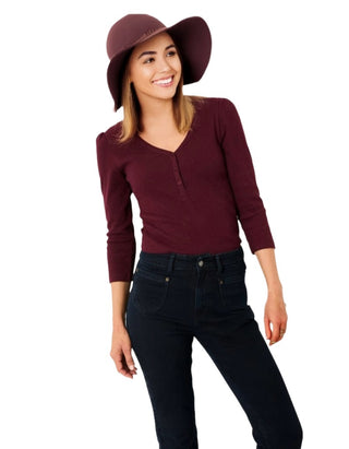 Women's Connie Henley V-neck Top in Burgundy