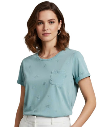 Women's Short Sleeve Embroidered Top in Green