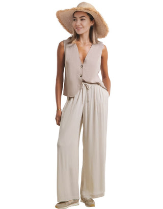 Women's Tie Waist Crinkle Wide Leg Trousers in Beige