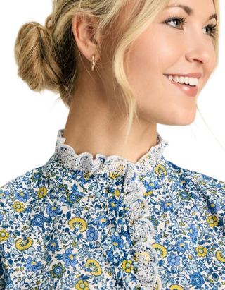 Womens' Floral Print Valentina Broderie Trim Blouse in Blue/White (Imperfect)