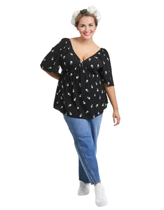 Women's Short Sleeve Ditsy Crinkle Tie Front Blouse in Black