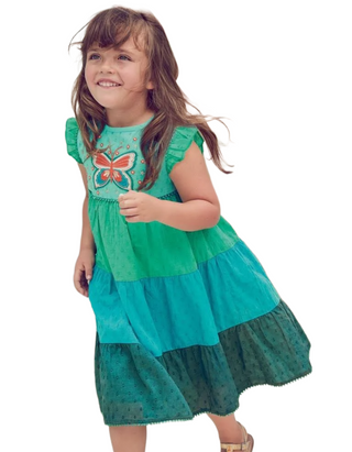 Mini Boden Girls' Tiered Colourblock Dress Embroidered Dress- Green