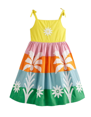 Mini Boden Girl's Sleeveless Colourblock Tropical Applique Dress in Multi