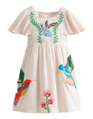 Mini Boden Girls' Flutter-Sleeve Applique Dress in Vanilla Pod