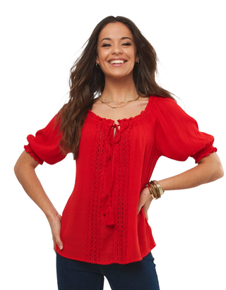 Women's Short Sleeve Tie Neckline Boho Top in Red