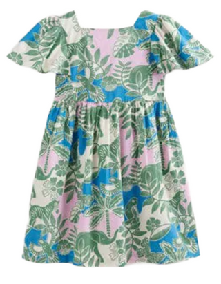 Mini Boden Girls' Safari Printed Flutter-sleeve Dress in Green Mix