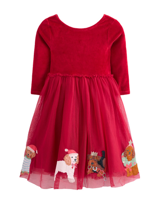 Mini Boden Girls' Velvet Tulle Applique Dress in Carmine Red Festive Dogs