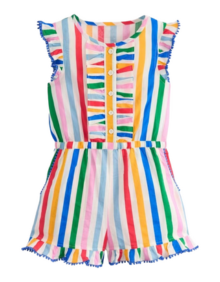 Mini Boden Girls' Button Through Stripe Ruffle Playsuit in Rainbow/Multi