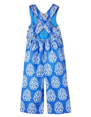 Mini Boden Girls' Woodblock Cross-Back Jumpsuit in Marina Blue