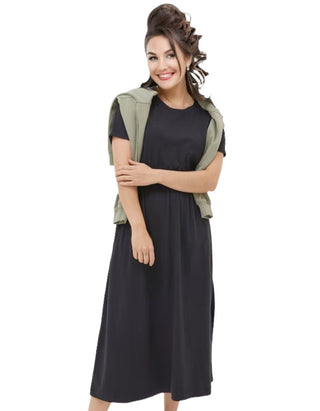 Women's Short Sleeve Navi Midi Jersey Dress in Black