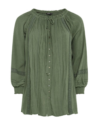 Women's Curve Crinkle Tie Neck Blouse in Khaki Green (IMPERFECT)