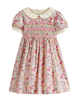 Mini Boden Girl’s Short Sleeve Nostalgic Occasion Smock Dress in Pink Mix