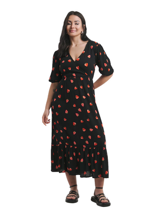 Womens Short Sleeve Fruit Print Crinkle Wrap Midi Dress in Black