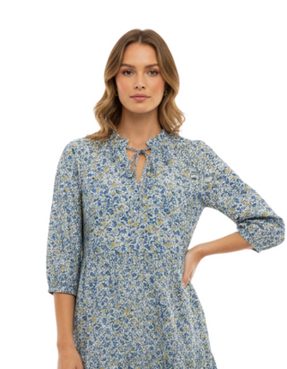 Women's Cotton Tiered Floral Midi Dress in Ditsy Blue