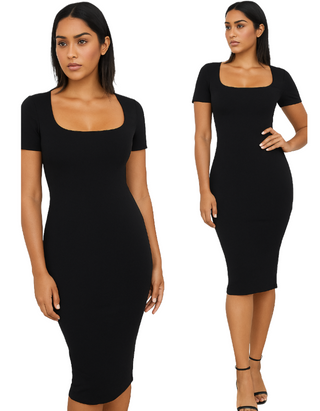 Women's Petite Size Short Sleeve Corset Square Neck Dress in Black